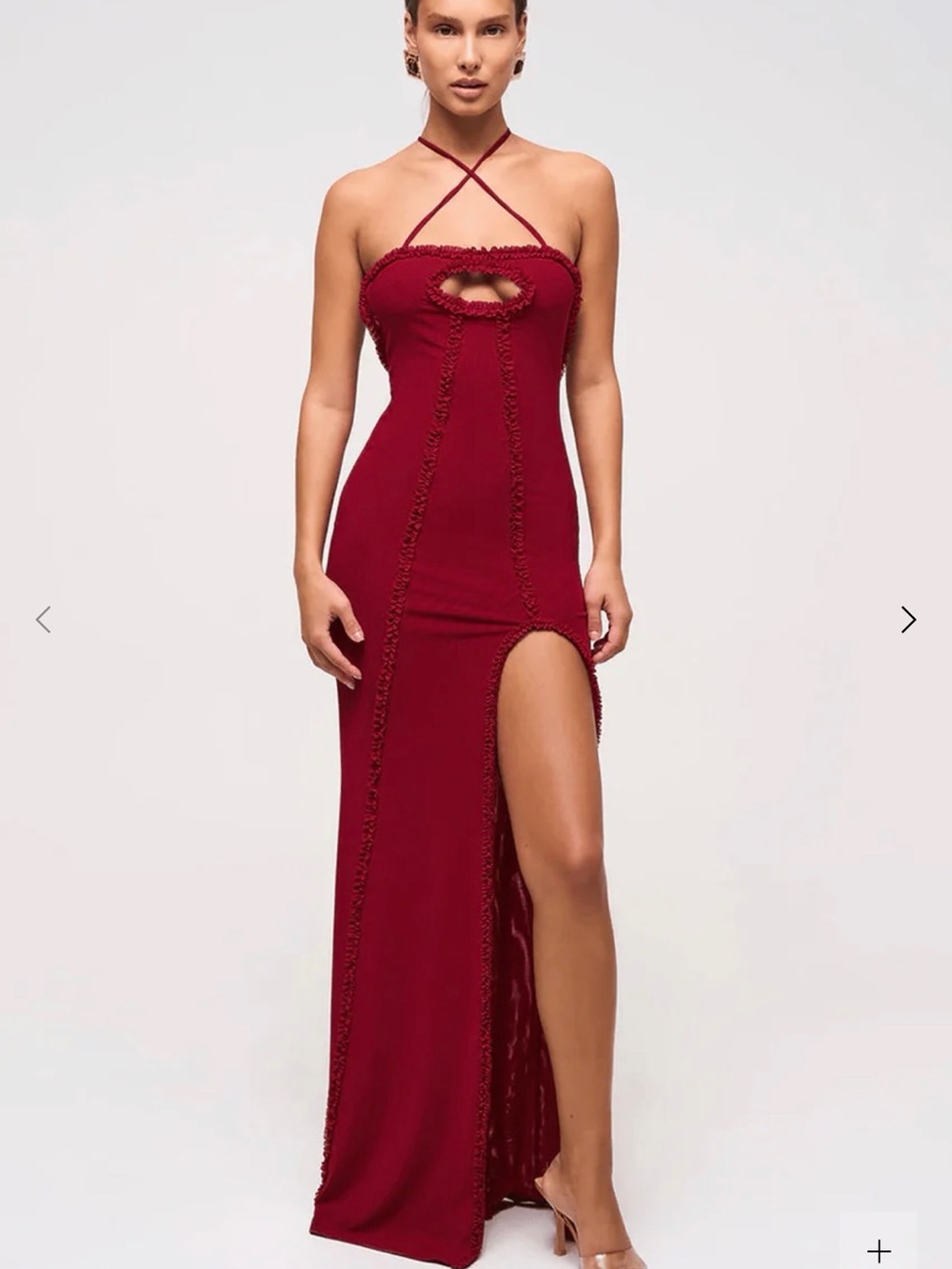 Murci Strappy Burgundy Maxi Dress with Front Keyhole and Thigh Slit